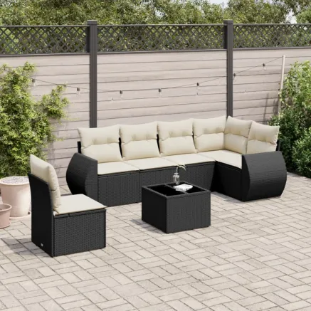 Salon de jardin 7 pcs avec coussins noir résine tressée