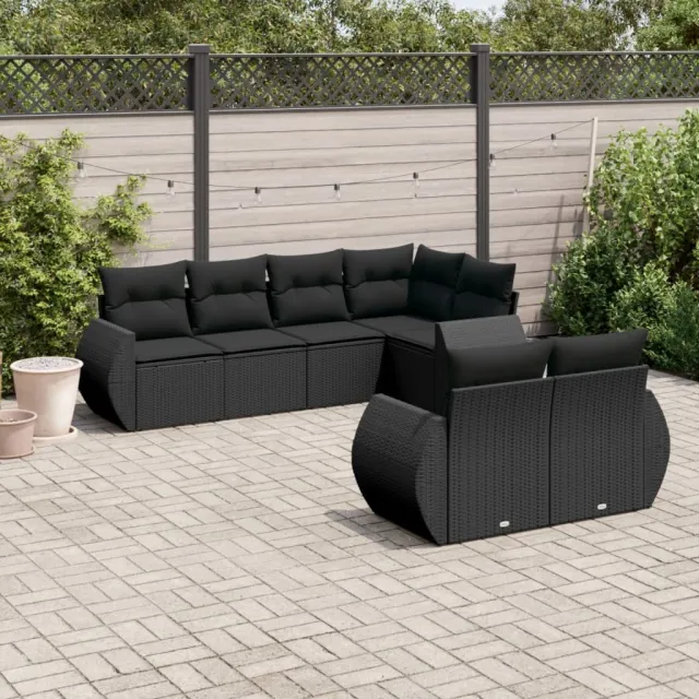 Salon de jardin 7 pcs avec coussins noir résine tressée