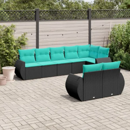 Salon de jardin 8 pcs avec coussins noir résine tressée