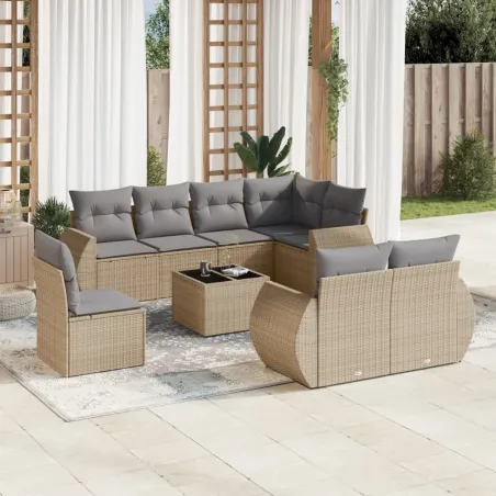Salon de jardin avec coussins 9 pcs beige résine tressée