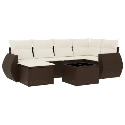 Salon de jardin avec coussins 7 pcs marron résine tressée 2