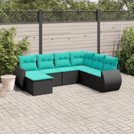 Salon de jardin 7 pcs avec coussins noir résine tressée