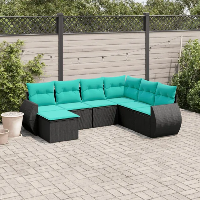 Salon de jardin 7 pcs avec coussins noir résine tressée