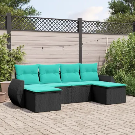 Salon de jardin 6 pcs avec coussins noir résine tressée