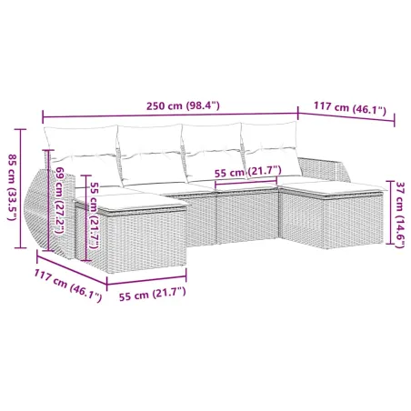 Salon de jardin 6 pcs avec coussins gris clair résine tressée