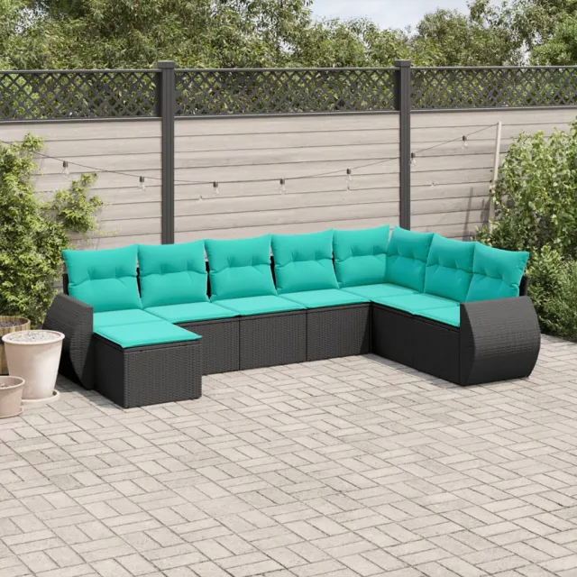 Salon de jardin 8 pcs avec coussins noir résine tressée