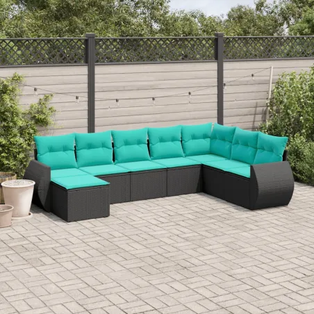 Salon de jardin 8 pcs avec coussins noir résine tressée