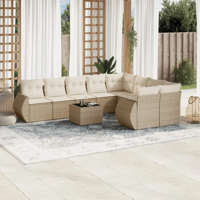 Salon de jardin avec coussins 10 pcs beige résine tressée