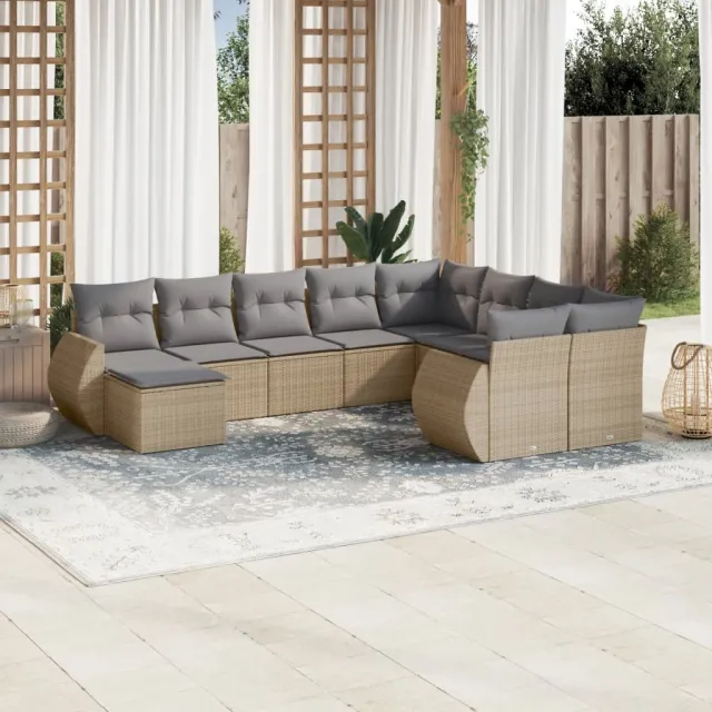 Salon de jardin avec coussins 10 pcs beige résine tressée