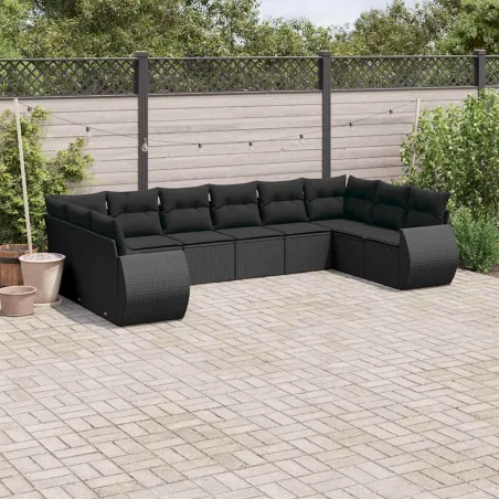 Salon de jardin 10 pcs avec coussins noir résine tressée