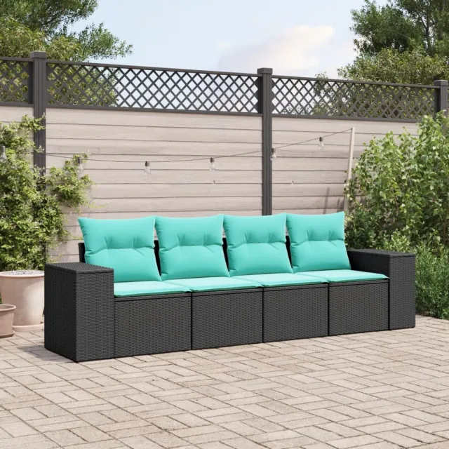 Salon de jardin 4 pcs avec coussins noir résine tressée