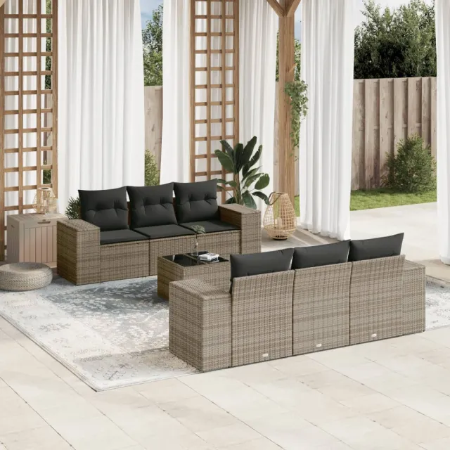 Salon de jardin avec coussins 7 pcs gris résine tressée