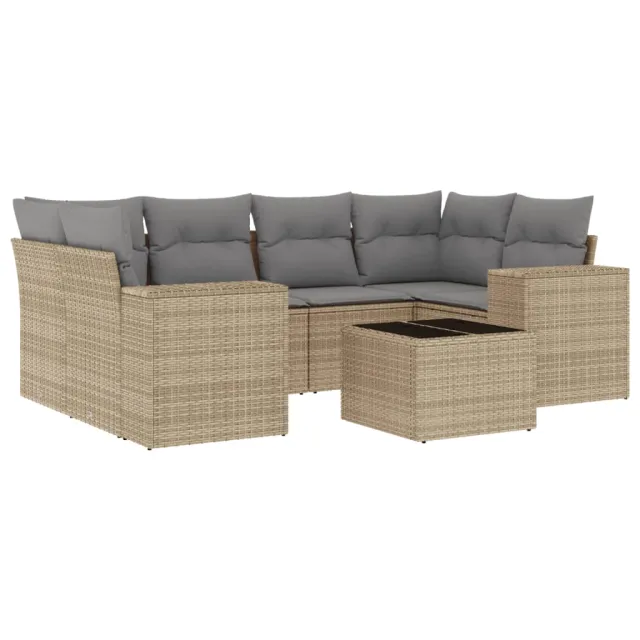 Salon de jardin avec coussins 7 pcs beige résine tressée