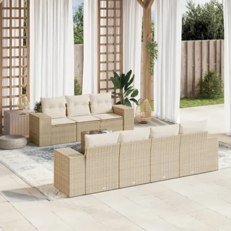 Salon de jardin avec coussins 8 pcs beige résine tressée