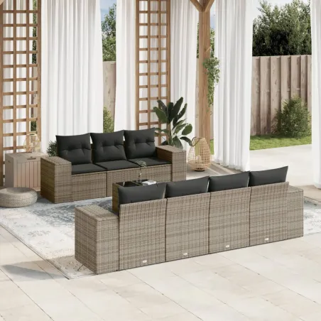 Salon de jardin 8 pcs avec coussins gris résine tressée