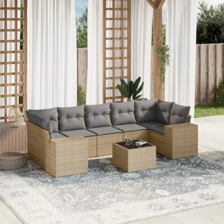 Salon de jardin avec coussins 8 pcs beige résine tressée