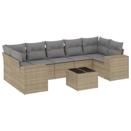 Salon de jardin avec coussins 8 pcs beige résine tressée