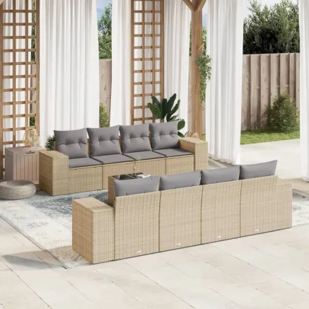 Salon de jardin avec coussins 9 pcs beige résine tressée