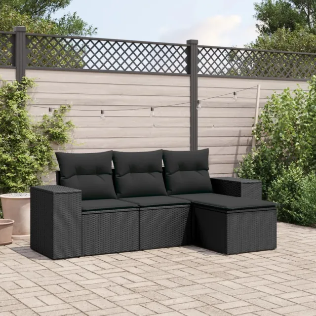 Salon de jardin 4 pcs avec coussins noir résine tressée