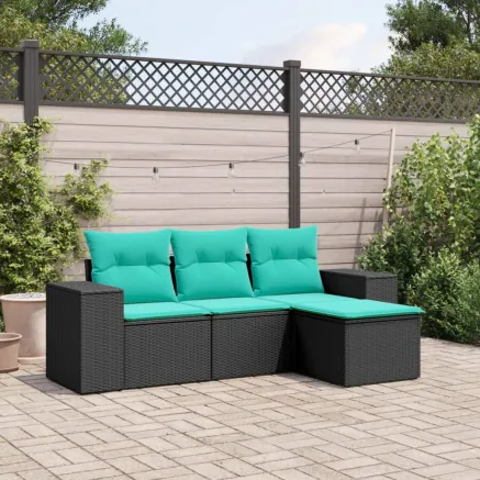 Salon de jardin 4 pcs avec coussins noir résine tressée