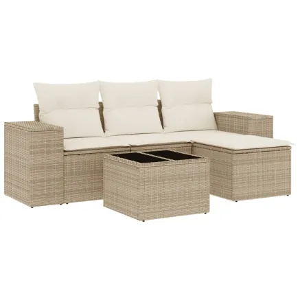 Salon de jardin avec coussins 5 pcs beige résine tressée 2