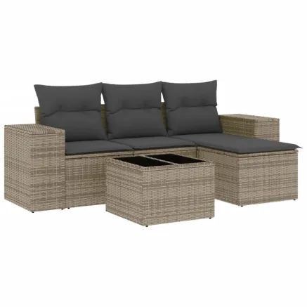 Salon de jardin 5 pcs avec coussins gris résine tressée 2
