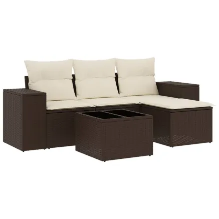 Salon de jardin avec coussins 5 pcs marron résine tressée 2