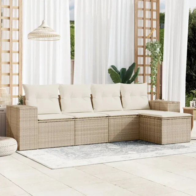 Salon de jardin avec coussins 5 pcs beige résine tressée