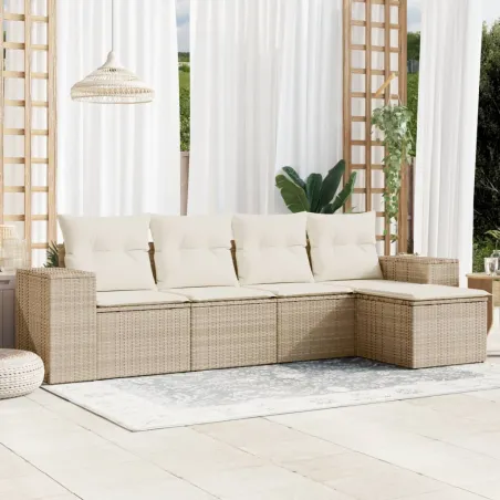 Salon de jardin avec coussins 5 pcs beige résine tressée