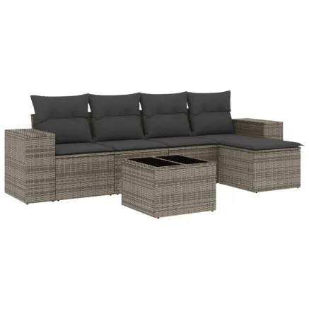 Salon de jardin 6 pcs avec coussins gris résine tressée 2