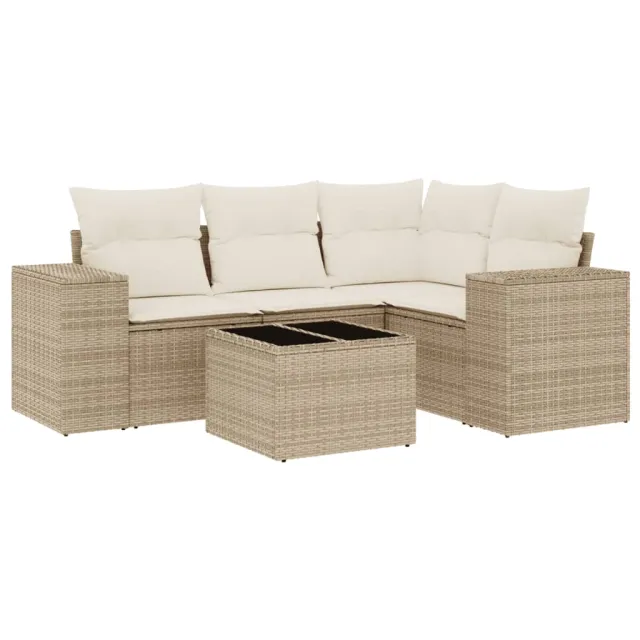 Salon de jardin avec coussins 5 pcs beige résine tressée