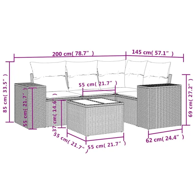 Salon de jardin 5 pcs avec coussins gris clair résine tressée