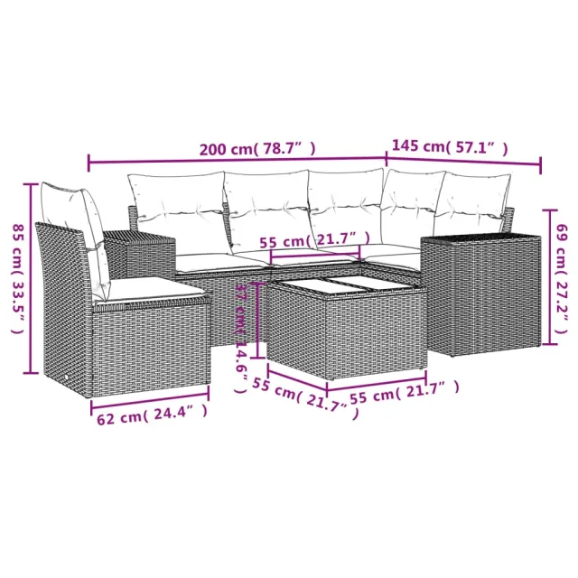 Salon de jardin 6 pcs avec coussins noir résine tressée