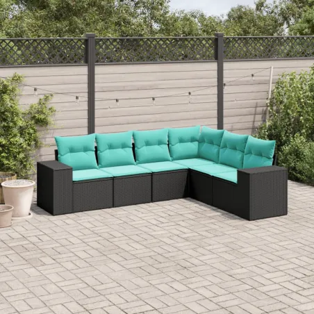 Salon de jardin 6 pcs avec coussins noir résine tressée