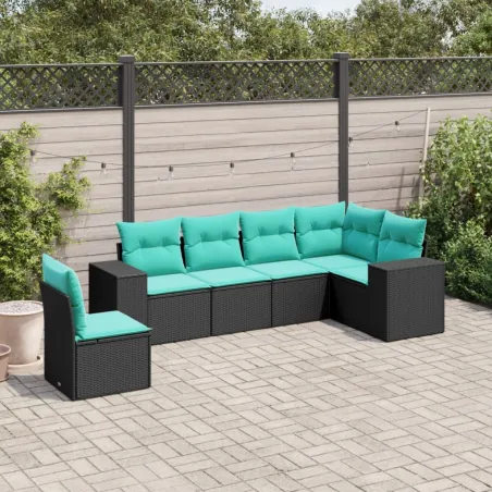 Salon de jardin 6 pcs avec coussins noir résine tressée