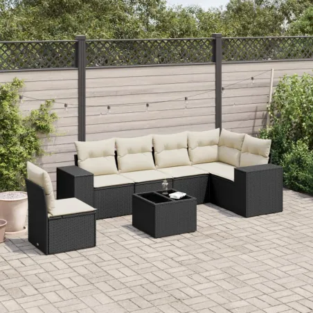 Salon de jardin 7 pcs avec coussins noir résine tressée