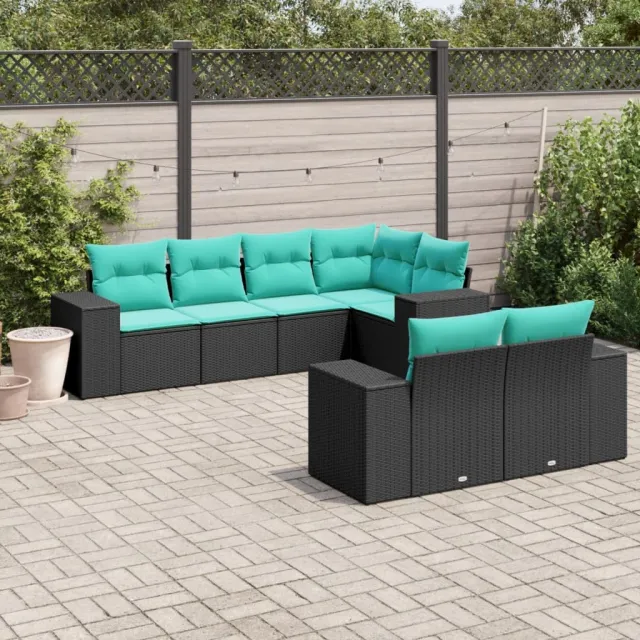 Salon de jardin 7 pcs avec coussins noir résine tressée