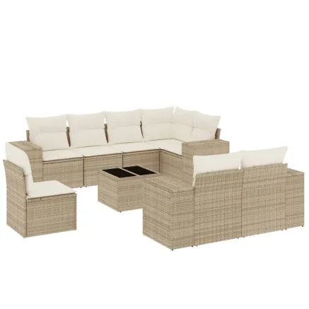 Salon de jardin avec coussins 9 pcs beige résine tressée 2