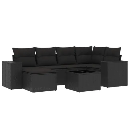 Salon de jardin 7 pcs avec coussins noir résine tressée 2