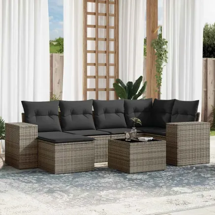 Salon de jardin avec coussins 7 pcs gris résine tressée