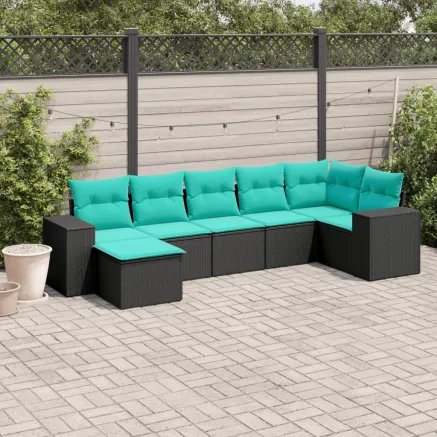 Salon de jardin 7 pcs avec coussins noir résine tressée