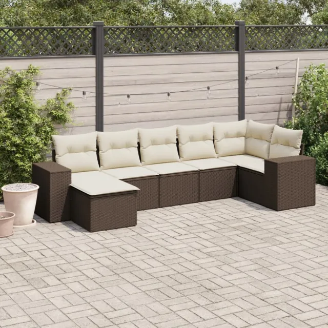 Salon de jardin avec coussins 7 pcs marron résine tressée