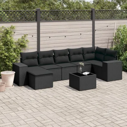 Salon de jardin 8 pcs avec coussins noir résine tressée