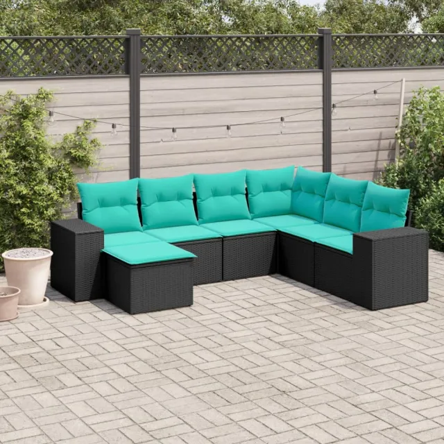 Salon de jardin 7 pcs avec coussins noir résine tressée