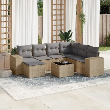 Salon de jardin avec coussins 8 pcs beige résine tressée