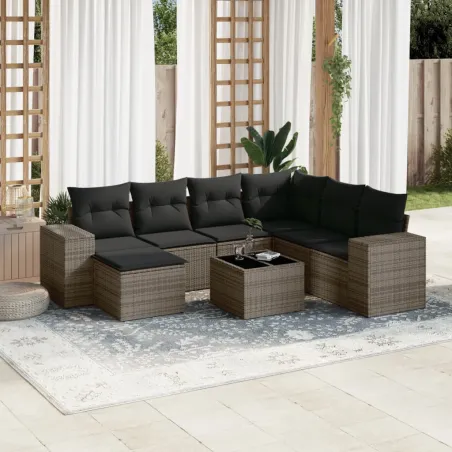 Salon de jardin 8 pcs avec coussins gris résine tressée