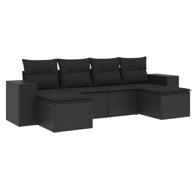 Salon de jardin 6 pcs avec coussins noir résine tressée