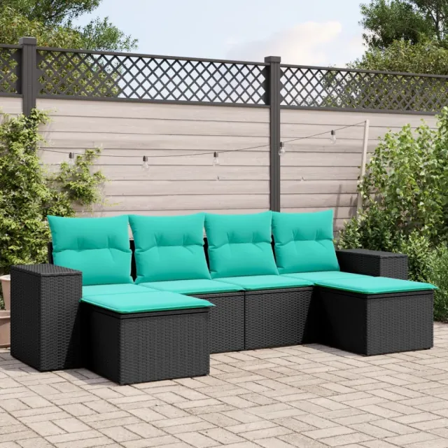 Salon de jardin 6 pcs avec coussins noir résine tressée