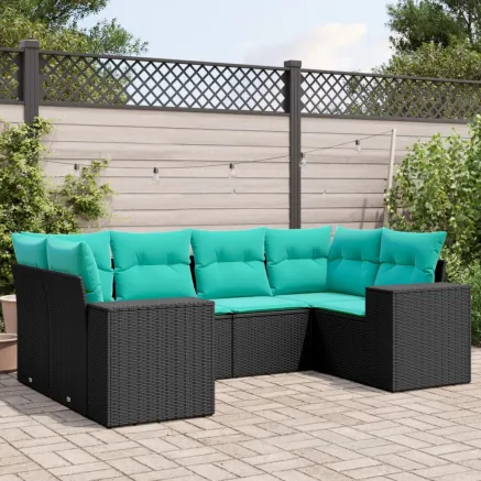 Salon de jardin 6 pcs avec coussins noir résine tressée