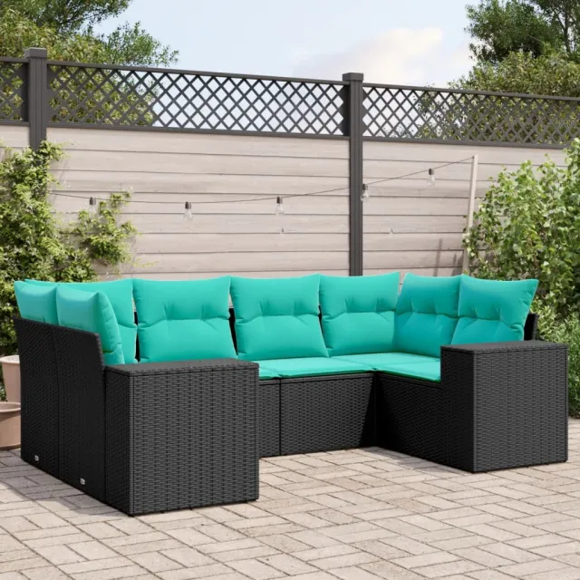 Salon de jardin 6 pcs avec coussins noir résine tressée